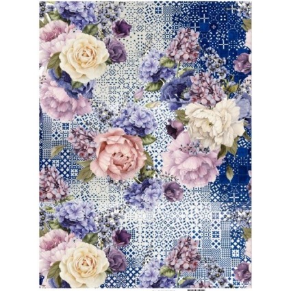 PAPEL ARROZ A3 738 COLLAGE ORTENSIAS Y ROSAS AZUL